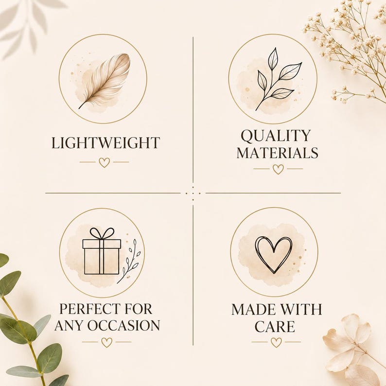 May include: A four-quadrant graphic on a beige background featuring circular icons with line art illustrations of a feather, a leafy branch, a gift box, and a heart. Text labels include LIGHTWEIGHT, QUALITY MATERIALS, PERFECT FOR ANY OCCASION, and MADE WITH CARE.