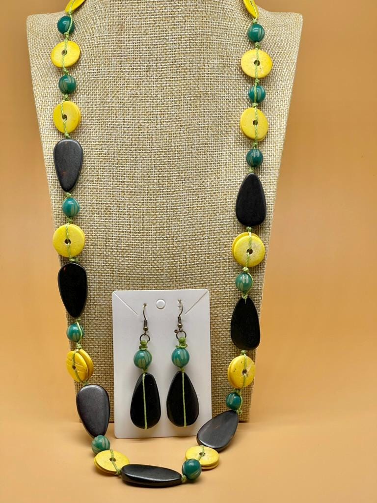Natural Tagua Nut and Wooden Jewelry Sets | Boho Style Statement Necklace & Earrings | Clip-On and Pierced Options