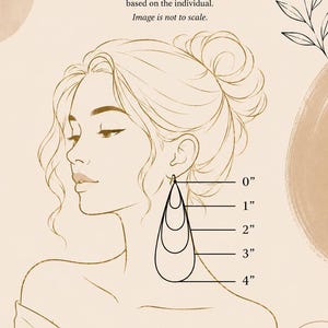 May include: An earring size guide illustration featuring a line drawing of a person with a bun hairstyle. The graphic displays teardrop-shaped earring outlines labeled with measurements from 0 to 4 inches. Text includes EARRING SIZE GUIDE.