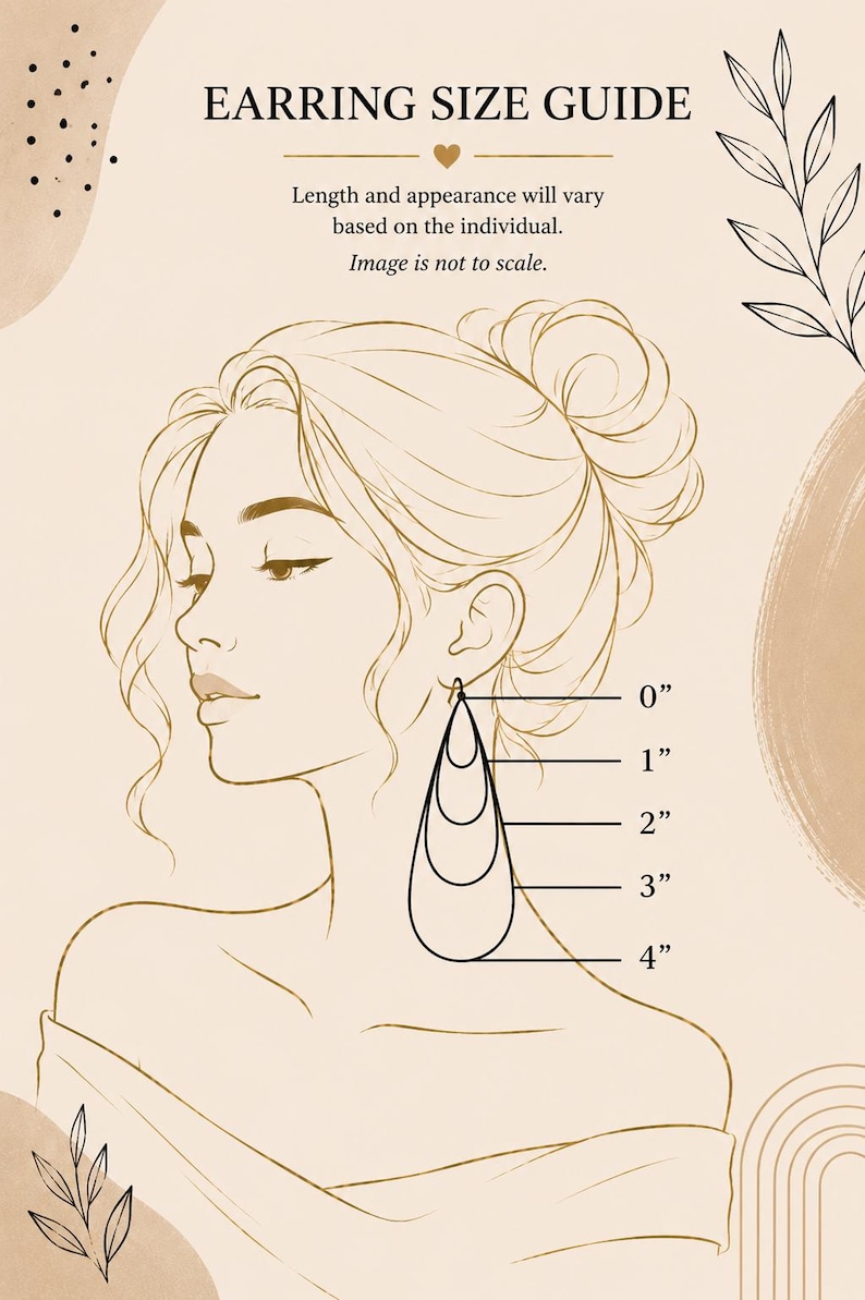 May include: An earring size guide illustration featuring a line drawing of a person with a bun hairstyle. The graphic displays teardrop-shaped earring outlines labeled with measurements from 0 to 4 inches. Text includes EARRING SIZE GUIDE.