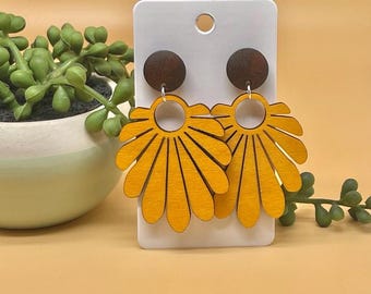 Geometric Laser-Cut Wood Earrings with Bold Stud | Clip-On & Pierced Options