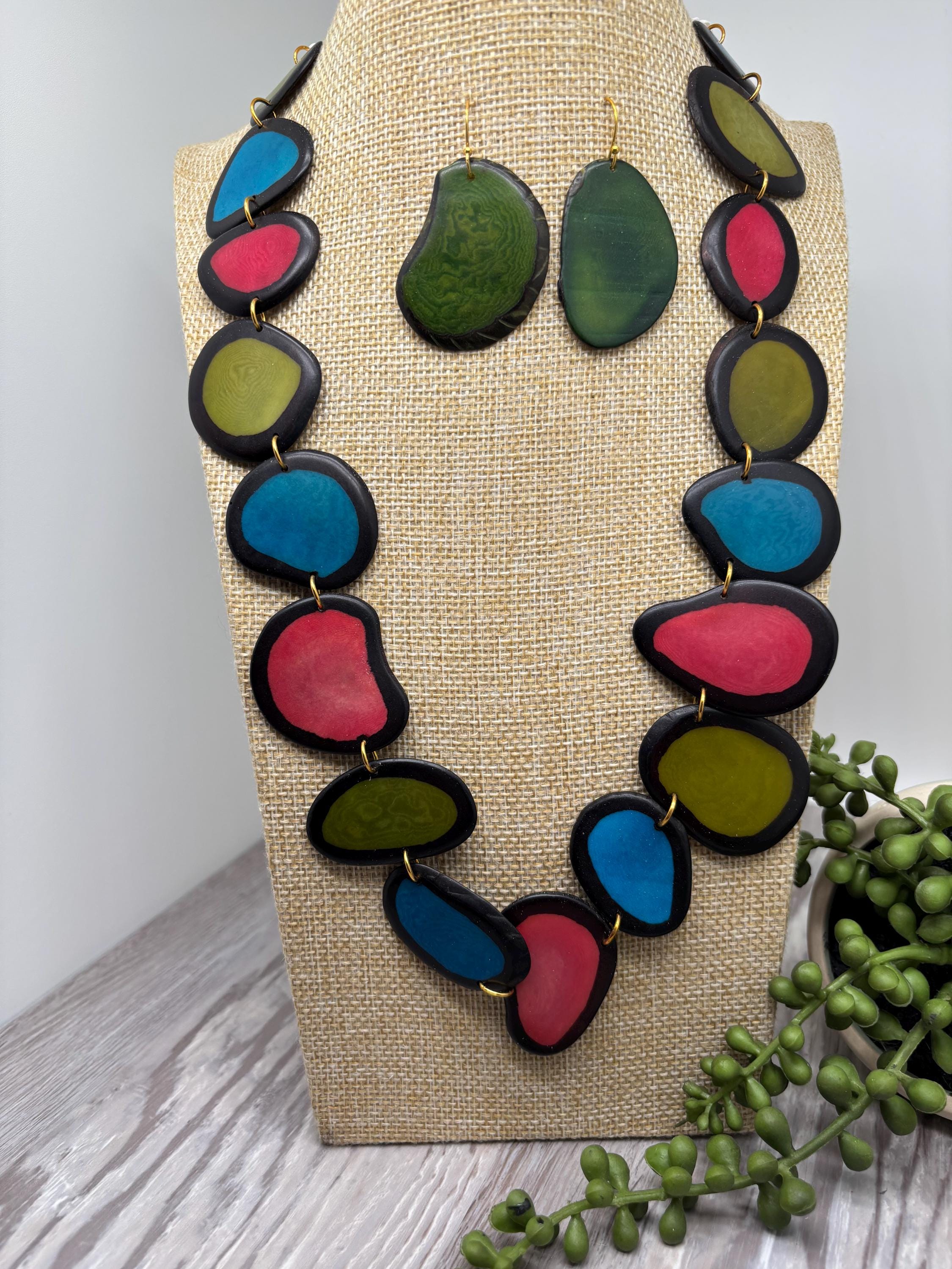 Natural Tagua Nut and Wooden Jewelry Sets | Boho Style Statement Necklace & Earrings | Clip-On and Pierced Options
