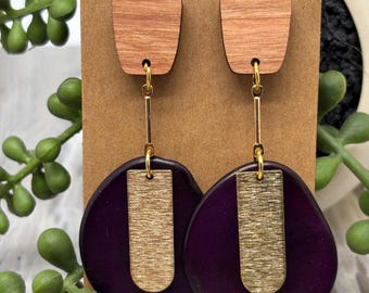 Bold Tagua Drop Earrings – Wood & Gold Accent | Eco-Friendly Lightweight Jewelry | Boho Clip-On or Pierced
