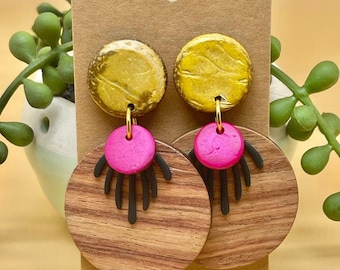Bamboo Walnut Wood Circle Earrings with Bold Acrylic Stud | Clip-On & Pierced Options