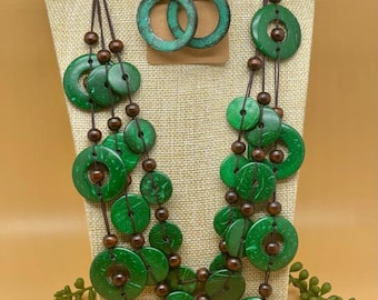 Eco-Friendly Coconut and Wooden Jewelry Collection | Boho Style Necklace & Earrings | Clip-On or Pierced Options