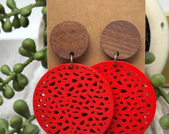 Natural Wood Earrings | Boho Style Statement Jewelry | Circle and Oval Shape | Dangle Drop Earrings| Clip-On & Pierced Options