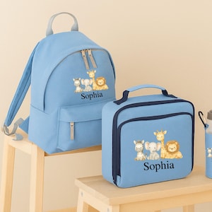 Sac à dos Safari personnalisé pour enfants, Sac à lunch avec nom imprimé personnalisé, Bouteille d'eau animal de safari mignon, Cadeau de rentrée scolaire, Cadeau pour tout-petit