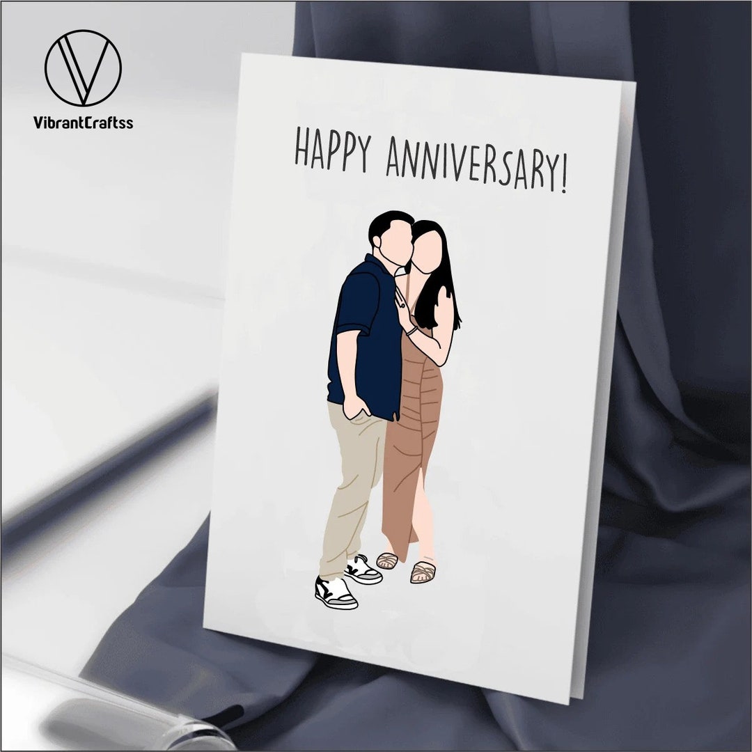 Personalised Line Art Couple Portrait Card, One Year Anniversary ...
