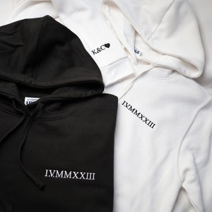 Embroidered Roman Numeral Matching Hoodie, Personalised Anniversary Date Hoody, Custom Initial With Heart Jumper for Couples, Boyfriend Gift