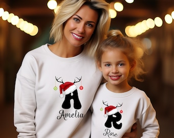 Personalised Family Christmas Sweatshirt, Custom Santa Hat Name & Initial Sweater, Family Matching Xmas Holiday Printed Tops, Gift for Him
