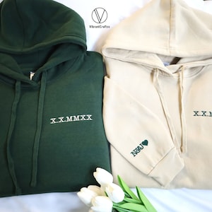 Custom Embroidered Roman Numeral Hoodie, Couple Matching Anniversary Date Hoodie, Couple Initials with Heart Jumper, Christmas Gift for Him