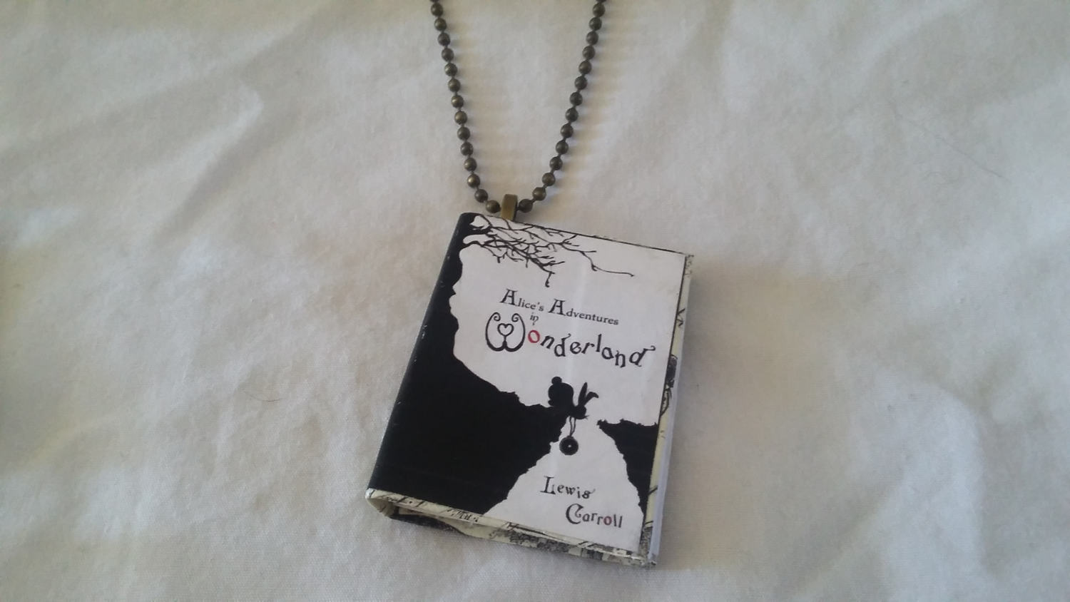 Alice in Wonderland - Mini-Book Pendant - Black & White Cover - Alice in Wonderland Necklace - White Rabbit - Alice Necklace - Book Pendant