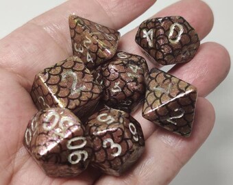 Hand-painted Copper Dragon Scale Dice Set - Dungeons and Dragons - Tabletop Gaming Dice - Set of Seven Polyhedral Dice - D&D Dice Set