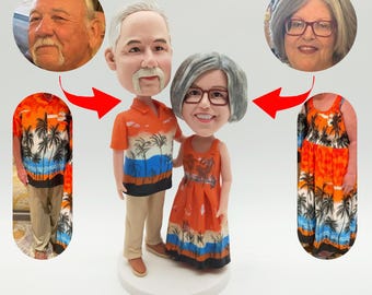 Custom bobbleheads in couples outfits, celebrating parents 50th anniversary party, personalized 3D couple bobbleheads, custom figurines