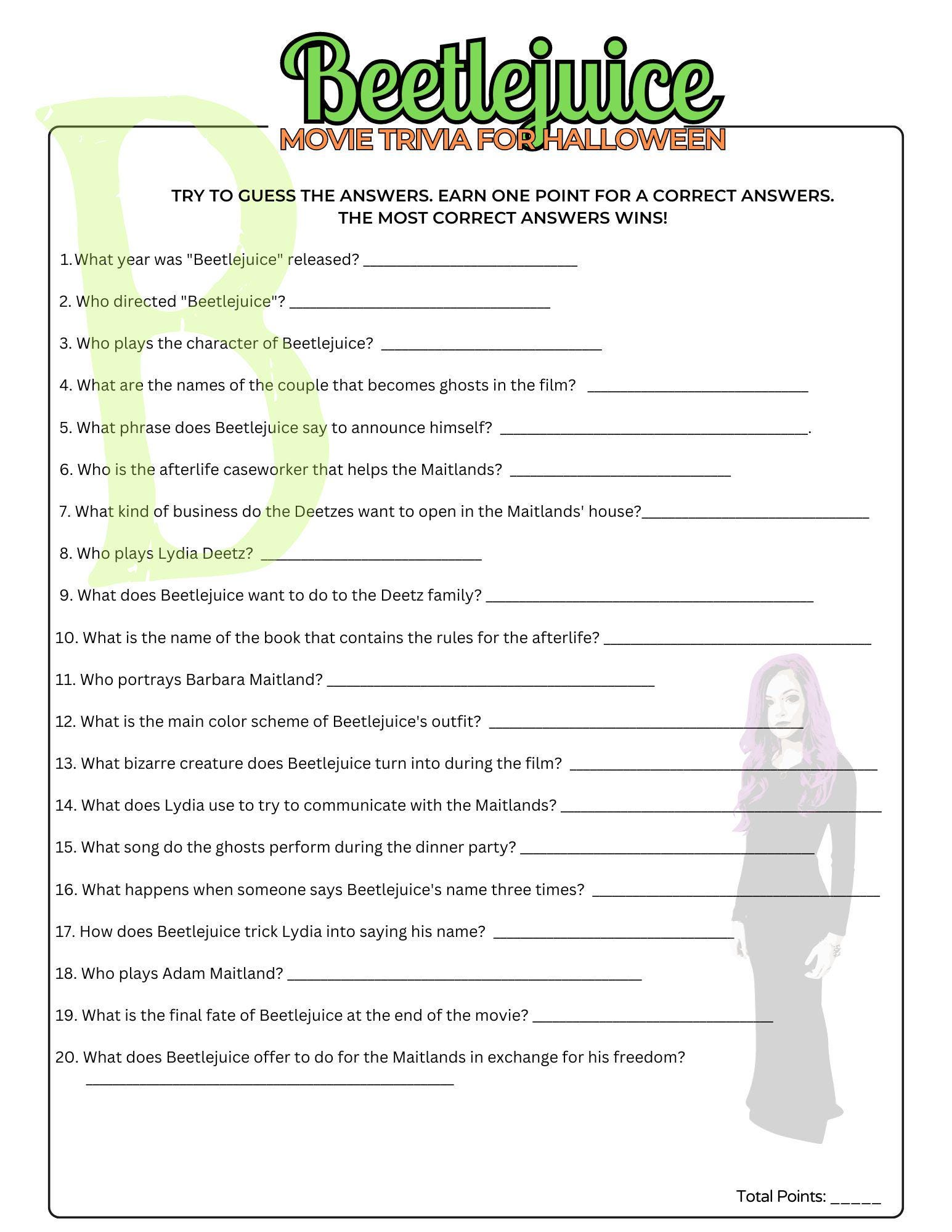 Beetlejuice Movie Trivia Game | Printable Halloween Party Fun for Kids ...