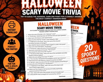 Może przedstawiać: Arkusz z grą typu trivia o horrorach na Halloween zawierający 20 numerowanych pytań. Biały papier zawiera czarny tekst, w tym tytuł Halloween Scary Movie Trivia, oraz puste linie do wpisywania odpowiedzi i sekcję na sumę punktów.