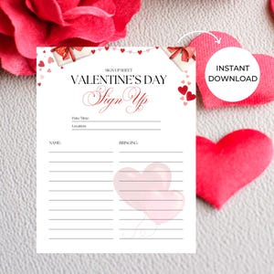 Könnte beinhalten: Druckbarer Valentinstag-Anmeldezettel mit einem rosa-roten Herzdesign. Das Blatt bietet Platz für Name, Datum, Uhrzeit, Ort und was mitzubringen ist.