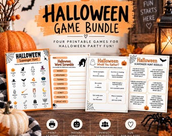 Halloween-Spielepaket, 4 druckbare Halloween-Spiele, Schnitzeljagd, Worträtsel, Partyspiele, Kinder & Erwachsene, Digitaler Download