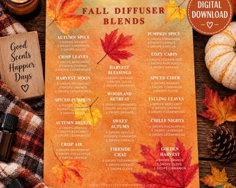 Puede incluir: Una lámina rectangular titulada Fall Diffuser Blends que muestra una lista de recetas de aceites esenciales con ilustraciones de hojas de otoño en tonos naranja, rojo y amarillo. El texto incluye nombres como Autumn Spice, Pumpkin Spice.