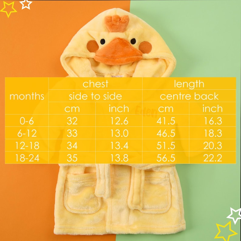 Puede incluir: Batista de ba&ntilde;o amarilla con capucha para beb&eacute; con dise&ntilde;o de pato. La bata tiene un cintur&oacute;n de atar y bolsillos. La tabla de tallas muestra las medidas en pulgadas y cent&iacute;metros para las edades de 0 a 6 meses, 6 a 12 meses, 12 a 18 meses y 18 a 24 meses.