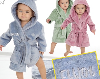 Bata de baño personalizada para bebé niña/niño con capucha y orejas de oso, bata de baño para bebé niño pequeño con nombre bordado, color verde salvia, rosa oscuro y azul, regalo para baby shower o recién nacido.