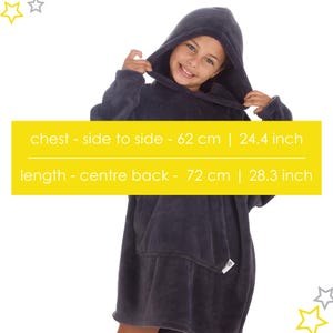 May include: A dark gray hooded blanket with a front pocket. The chest measures 24.4 inches side to side, and the length is 28.3 inches from the center back. The blanket is designed for comfort and warmth.