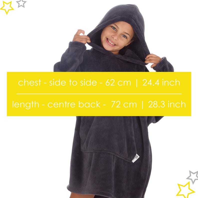 May include: A dark gray hooded blanket with a front pocket. The chest measures 24.4 inches side to side, and the length is 28.3 inches from the center back. The blanket is designed for comfort and warmth.