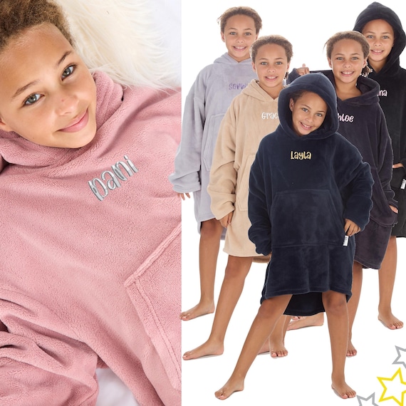 Personalised Girls Oversized Hoodie Lounge Top Hooded Wearable Blanket Embroidered Custom Name Personalized Kids Coral Fleece Size 7-13 Year