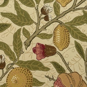 May include: A vintage wallpaper design featuring a repeating pattern of stylised fruit and leaves. The design includes pomegranates, lemons, and oranges in shades of brown, yellow, and pink. The leaves are green and the background is a light cream colour.
