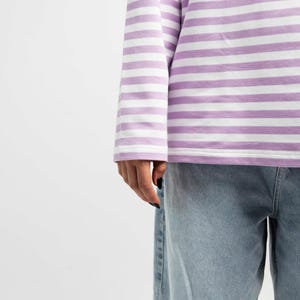 White And Pastel Purple Striped Long Sleeve, Striped Sweatshirt, Cotton And Elastane, Unisex Shirt, Oversized, Heavy Sailor Top, Becode