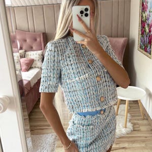 Tweed Set with mini skirt and blazer. Womens suit made to your measurements. Summer set handmade.