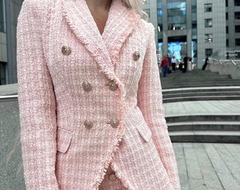Women jacket. Pink jacket. Tweed jacket handmade.