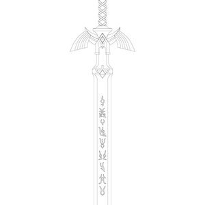 May include: Line art illustration of a fantasy sword. The sword features a detailed hilt with a diamond-shaped guard and wing-like accents. The blade is inscribed with stylized symbols.