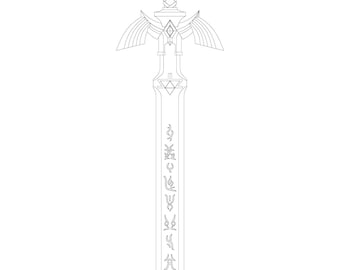 Könnte beinhalten: Strichzeichnung eines Fantasy-Schwerts. Das Schwert hat einen detaillierten Knauf mit rautenförmigem Parier und flügelartigen Akzenten. Die Klinge ist mit stilisierten Symbolen beschriftet.