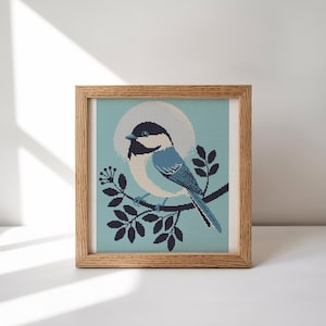 Descarga de PDF de punto de cruz de pájaro de invierno con flores, patrón de punto de cruz descargable de pájaro, bordado de pájaro cantor carbonero,