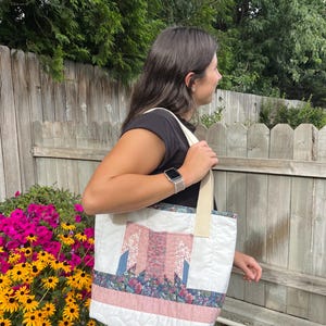 Quilted Tote Bag, white with pink and blue accents. Handmade from upcycled quilt.