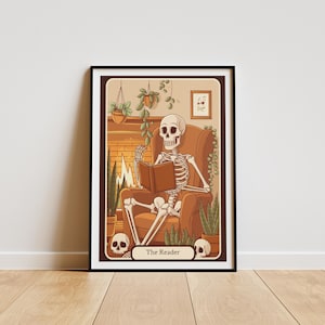 The Reader Skeleton Tarot Stil Druck | Skelett Buch Liebhaber Tarot Karte Poster | Witchy Buch Ecke Nook Kunst | Wand Raum Dekor