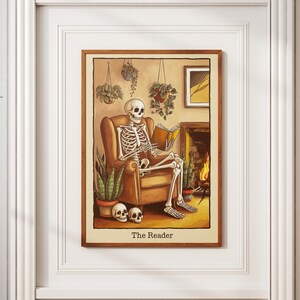 The Reader Skeleton Tarot Stil Druck | Skelett Buch Liebhaber Tarot Karte Poster | Witchy Buch Ecke Nook Kunst | Wand Raum Dekor