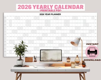 Planificador de pared gigante 2026 en blanco y negro / Calendario imprimible / Planificador anual / (Horizontal / Blanco y negro)