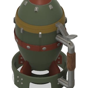 May include: A green, brown, and silver novelty beer dispenser shaped like a bomb. The dispenser has a handle and a spout for pouring beer.