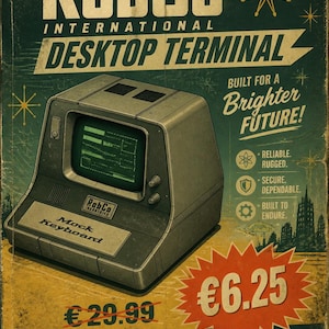 May include: A vintage-style advertisement poster for a RobCo International Desktop Terminal. The poster features a grey computer terminal with a green screen, the text 'Built for a Brighter Future', and a price tag showing 6.25 with 29.99 crossed out.