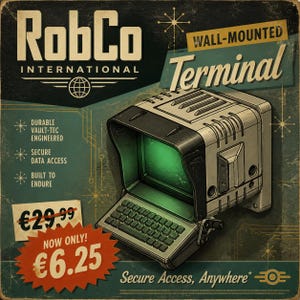 May include: A vintage-style advertisement for a RobCo International wall-mounted terminal. The graphic features a beige computer with a glowing green screen and keyboard, text reading Durable Vault-Tec Engineered, Secure Data Access, and Built to Endure.