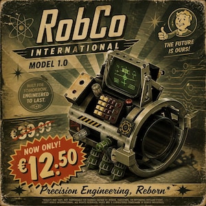 Op de afbeelding: Een RobCo International Model 1.0 apparaat met een groen scherm, een numeriek toetsenbord en een grote ronde opening. De afbeelding bevat de tekst RobCo International, Model 1.0, The Future Is Ours en Precision Engineering, Reborn.