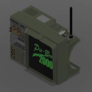 Może przedstawiać: Zielono-czarny przenośny  urządzenie Pip-Boy 2000 z ekranem i anteną. Urządzenie ma fakturowaną powierzchnię i czarny ekran z zielonym tekstem.