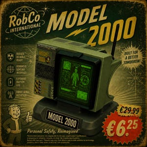 May include: A green RobCo International Model 2000 device with a black screen displaying a green interface. The unit features a small antenna, a base labeled Model 2000, and text including Rugged, Reliable, Ready and Built for a Better Tomorrow.