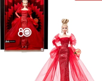 Barbie Signature Doll, Mattel 80th Anniversary Collectible in Glittery Red Tulle Gown with Drop Earrings and Sheer Gloves, Blonde NEW SEALED