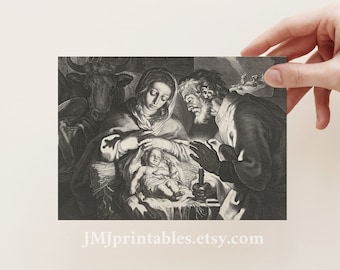 Catholic Christmas Card PRINTABLE Nativity Holy Family Christ Child Etching- Instant Digital Download PDF with Printable Envelope