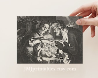 May include: A black and white engraving of the Nativity scene. Mary, Joseph, and the baby Jesus are depicted in a stable with a cow and an ox. The scene is illuminated by a single candle.