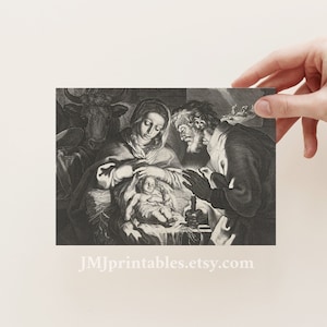Tarjeta de Navidad Católica IMPRIMIBLE Natividad Sagrada Familia Cristo Niño Grabado- Descarga Digital Instantánea PDF con Sobre Imprimible