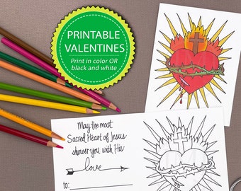 Printable Catholic Valentine Card - Sacred Heart Kid Valentine - Catholic Valentine's Day Card Coloring Page - Saint Valentine's Day Craft